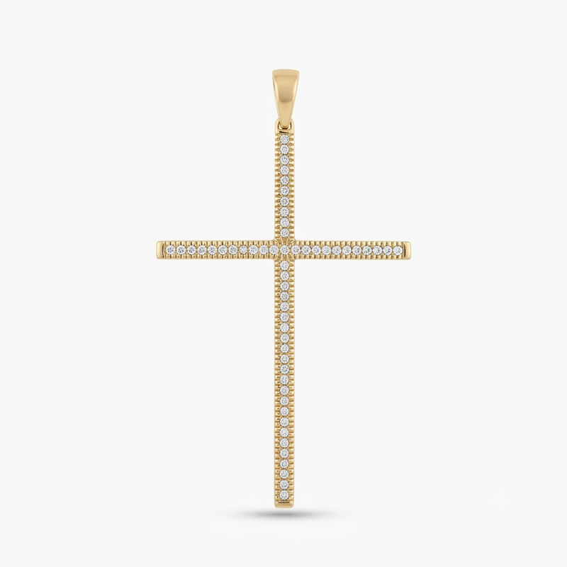 9K Yellow Gold Diamond-Set Slim Cross Pendant