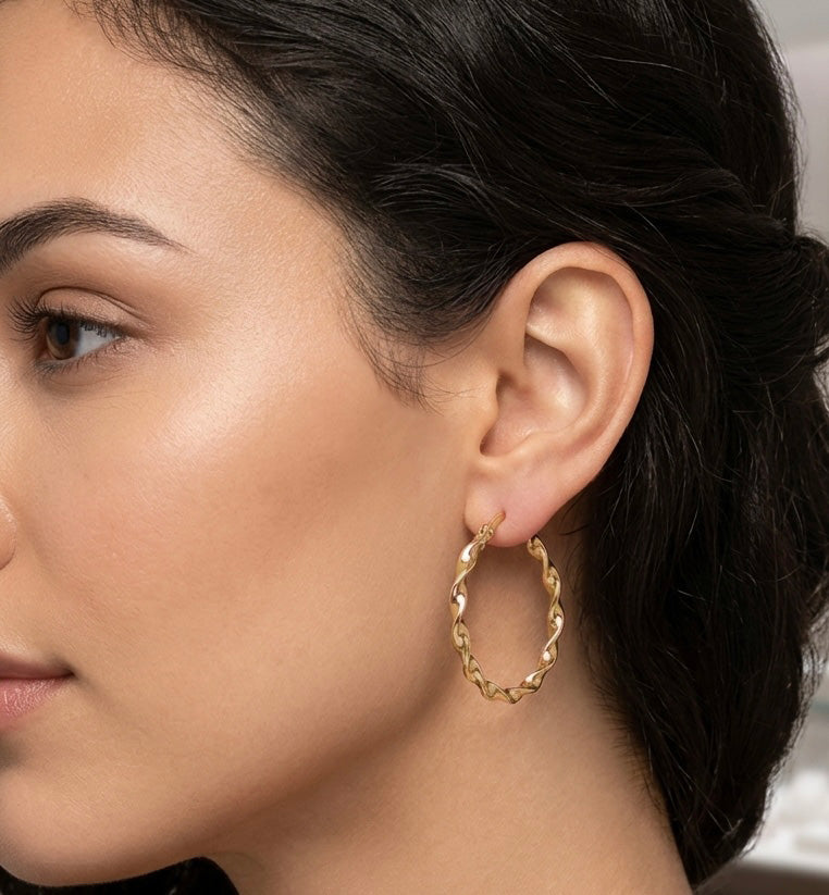 9K Yellow Gold Medium Twisted Hoop Earrings