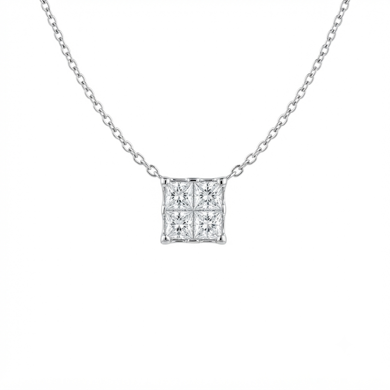 14K White Gold Princess-Cut Cluster Diamond Pendant Necklace