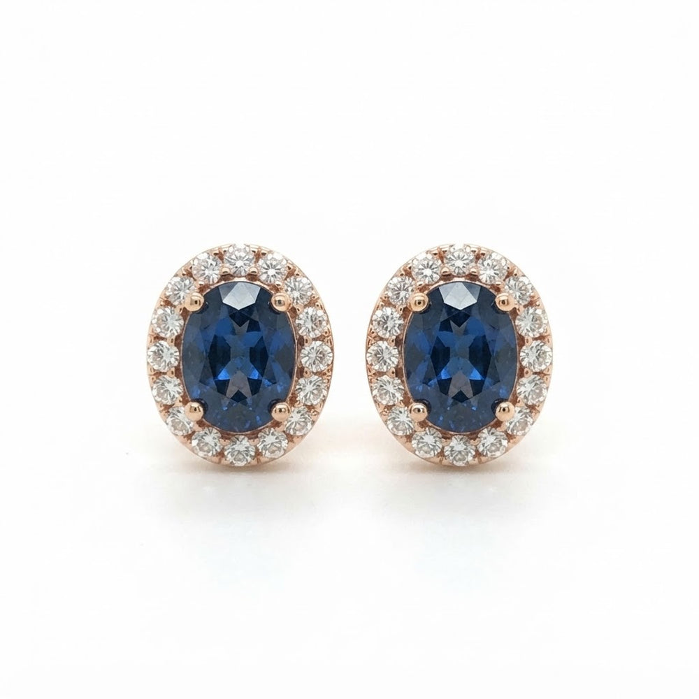 9K Yellow Gold Oval Sapphire & Diamond Halo Stud Earrings