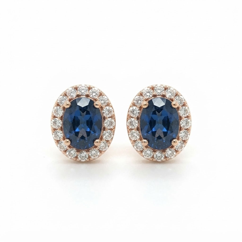 9K Yellow Gold Oval Sapphire & Diamond Halo Stud Earrings