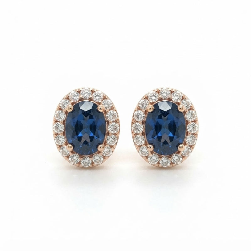 9K Yellow Gold Oval Sapphire &amp; Diamond Halo Stud Earrings
