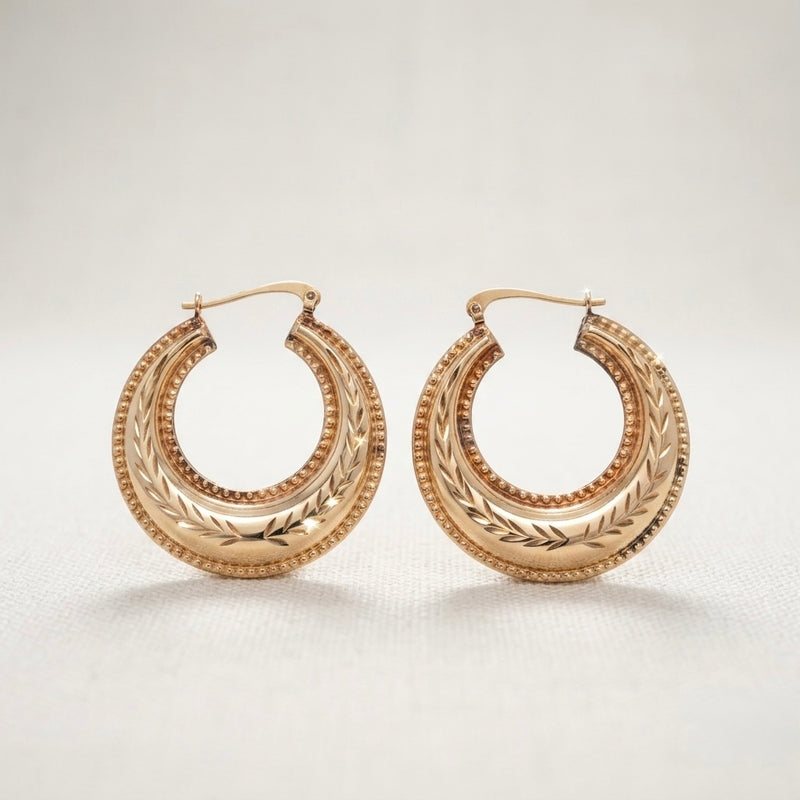 9K Yellow Gold Engraved Hoop Earrings