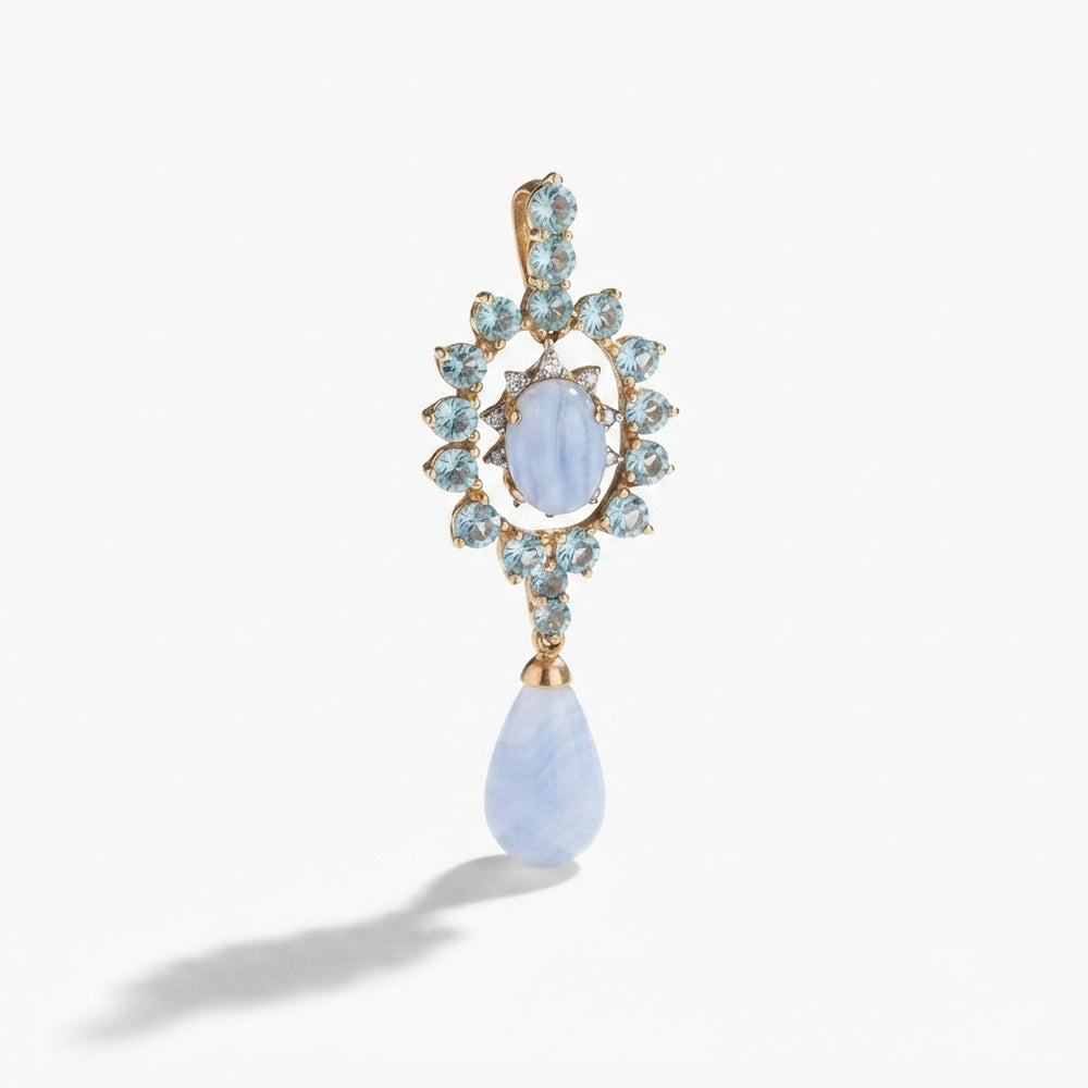 9K Yellow Gold Vintage Blue Lace Agate Drop Pendant