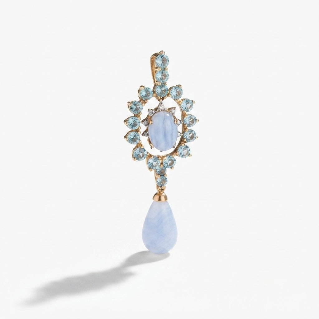 9K Yellow Gold Vintage Blue Lace Agate Drop Pendant