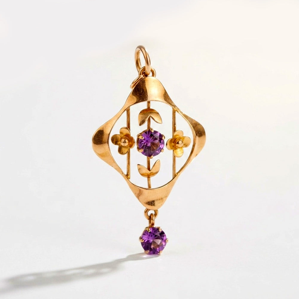 9K Yellow Gold Vintage Amethyst Openwork Drop Pendant