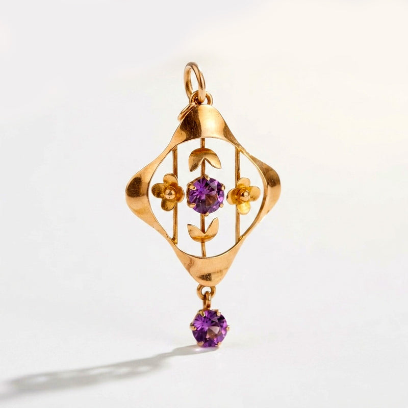 9K Yellow Gold Vintage Amethyst Openwork Drop Pendant