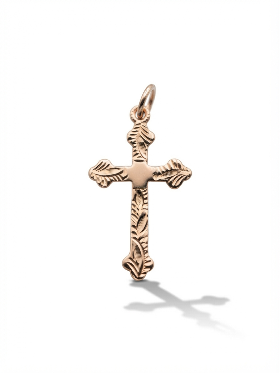 9K Rose Gold Hand-Engraved Foliate Cross Pendant