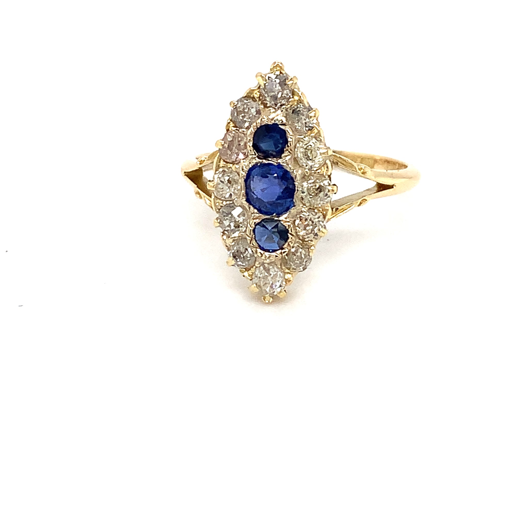 A Victorian Style Blue Sapphire and Diamond Marquise Shaped Cluster Ring.