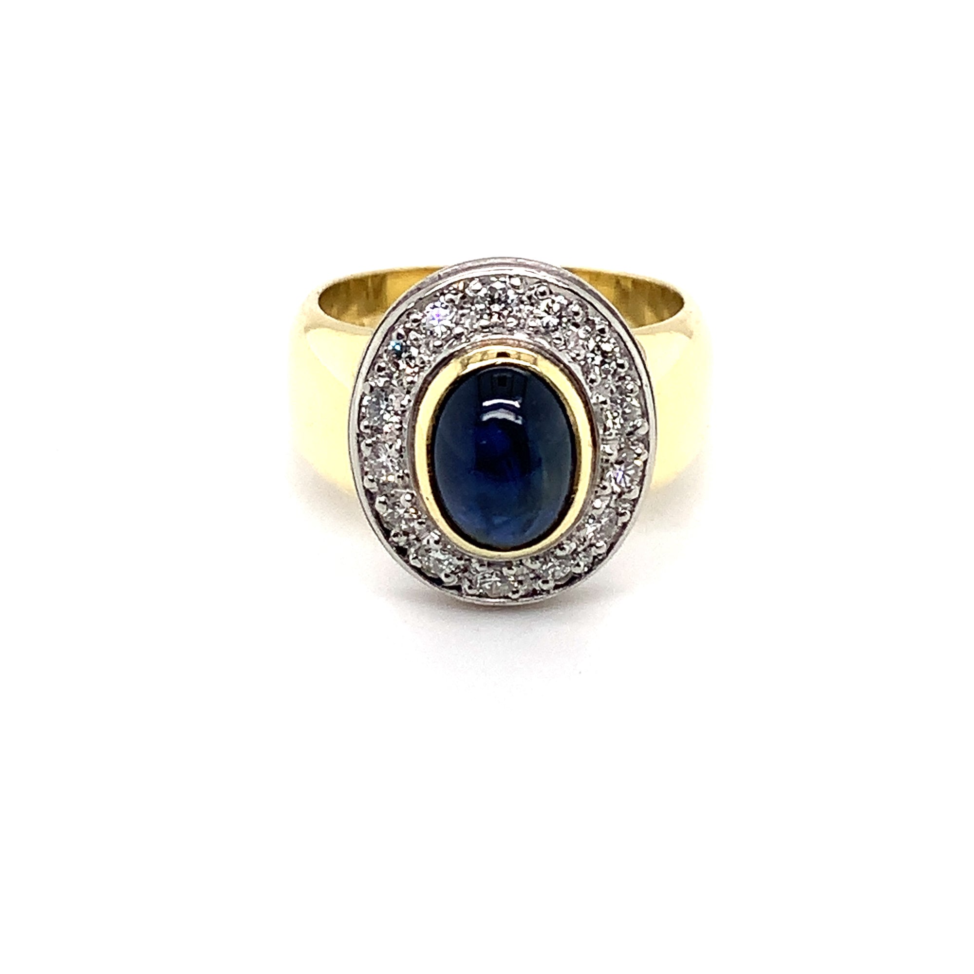 Vintage Oval Blue Cabochon Sapphire and Diamond Halo Ring in 18ct Yellow Gold