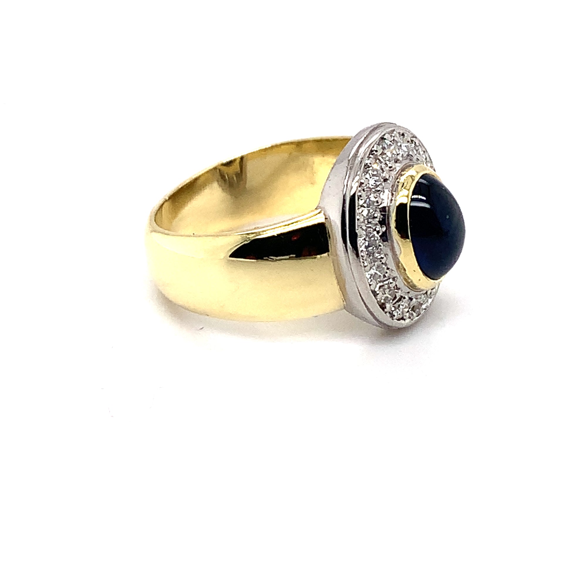 Vintage Oval Blue Cabochon Sapphire and Diamond Halo Ring in 18ct Yellow Gold