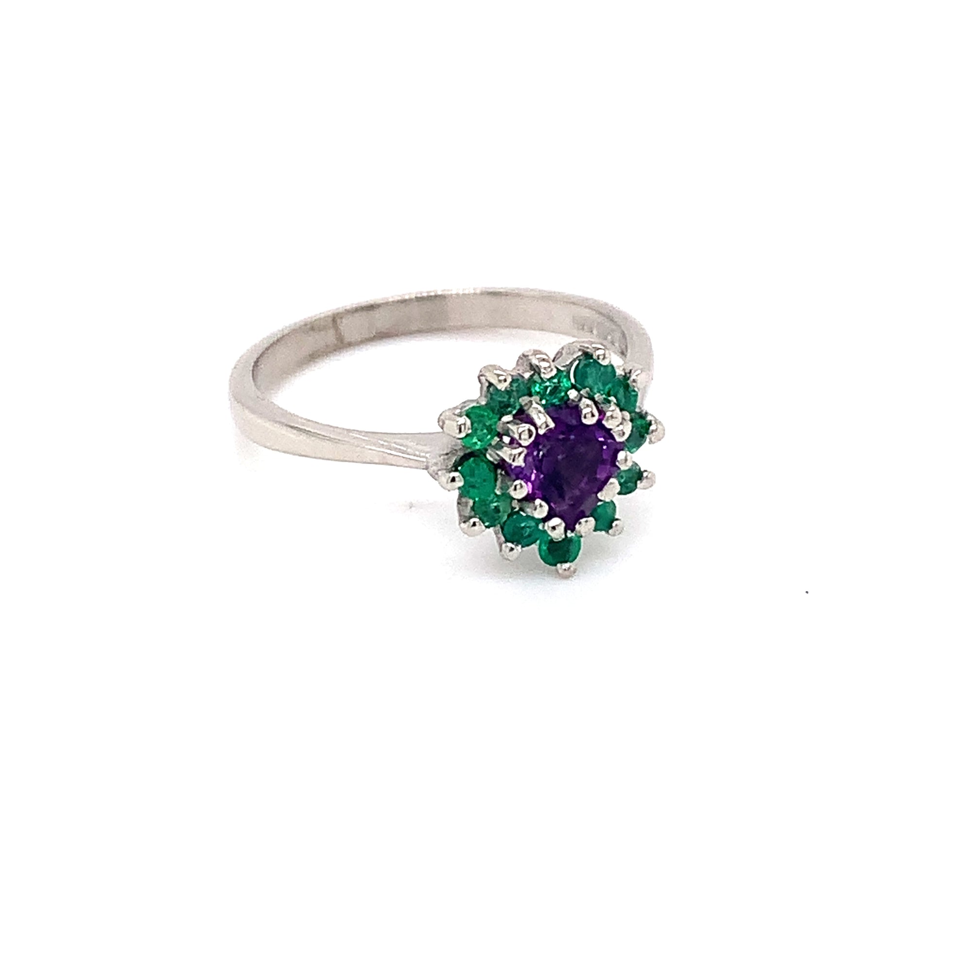 Heart Shaped Amethyst and Emerald Vintage Dress Ring in 18ct White Gold