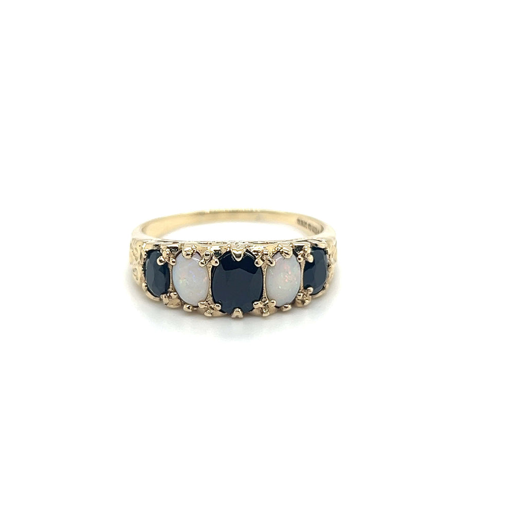 Oval Shaped Sapphire and Opal Vintage Dress Ring in 9ct Yellow Gold