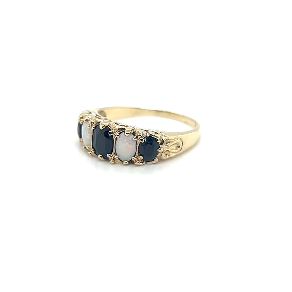Oval Shaped Sapphire and Opal Vintage Dress Ring in 9ct Yellow Gold
