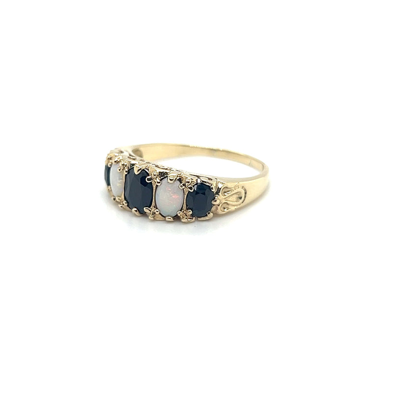 Oval Shaped Sapphire and Opal Vintage Dress Ring in 9ct Yellow Gold