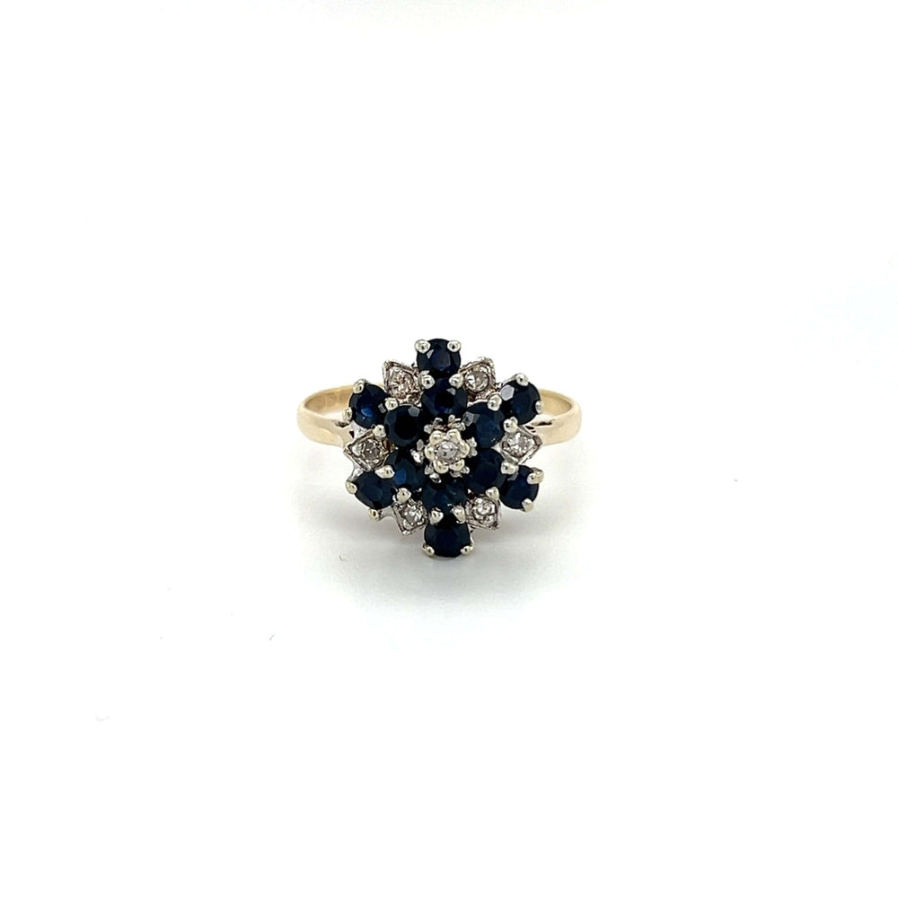 Vintage Round Shaped Sapphire and Diamond Cluster Dress Ring in 9ct Yellow Gold