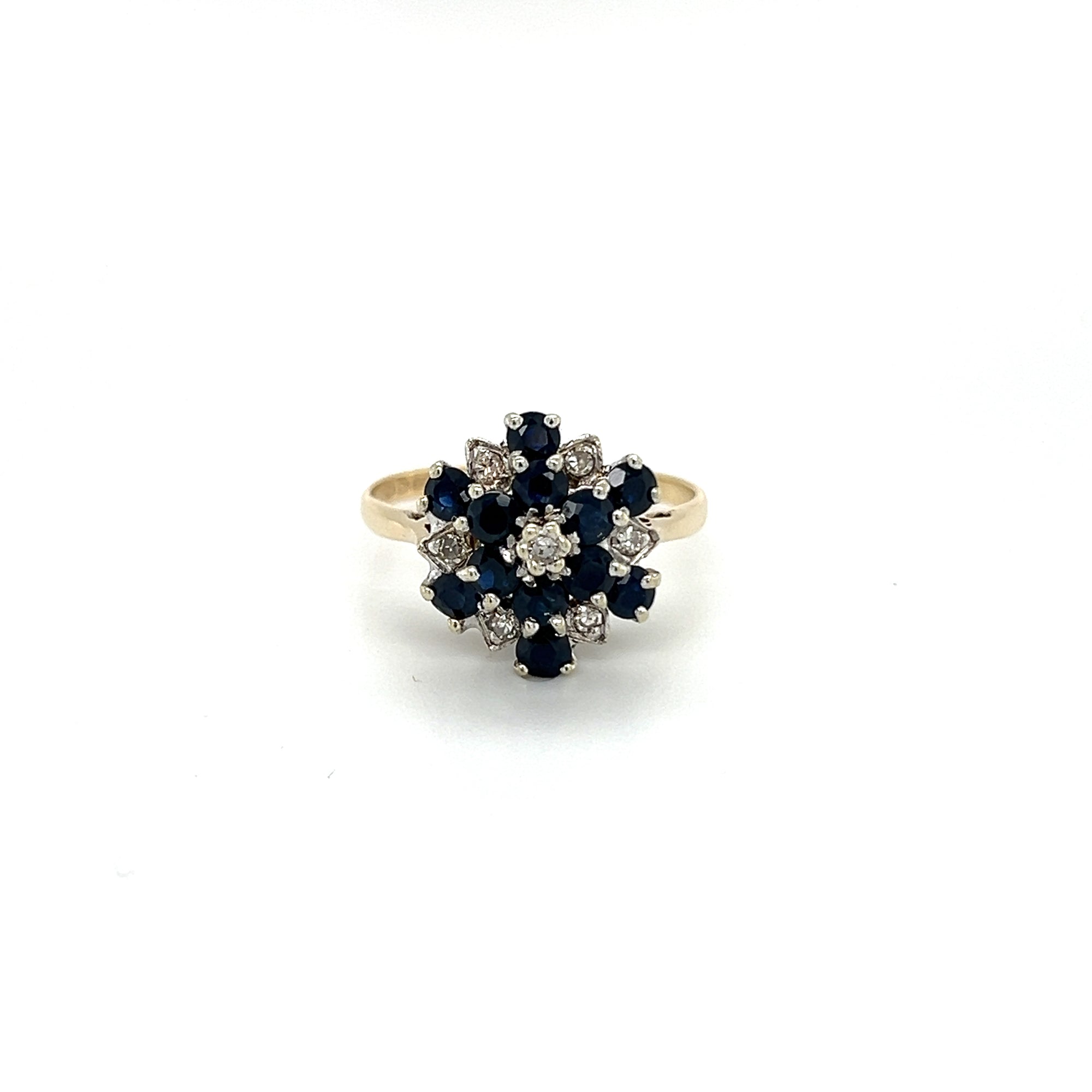 Vintage Round Shaped Shappire and Diamond Cluster Dress Ring in 9ct Yellow Gold