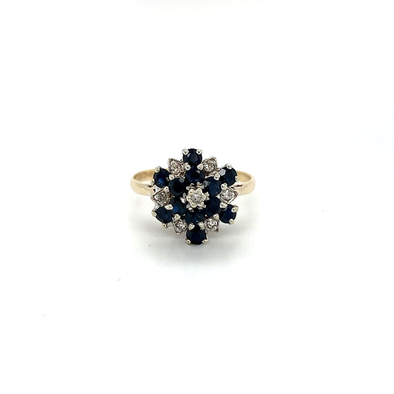 Vintage Round Shaped Sapphire and Diamond Cluster Dress Ring in 9ct Yellow Gold