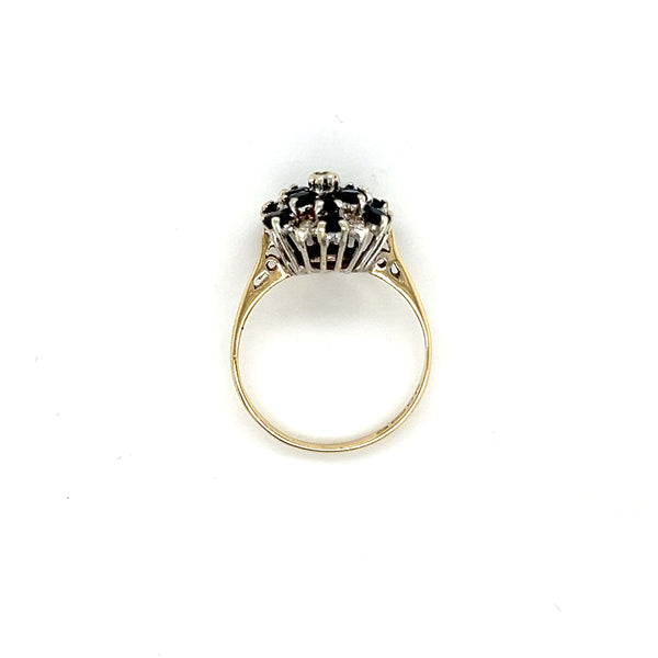 Vintage Round Shaped Sapphire and Diamond Cluster Dress Ring in 9ct Yellow Gold