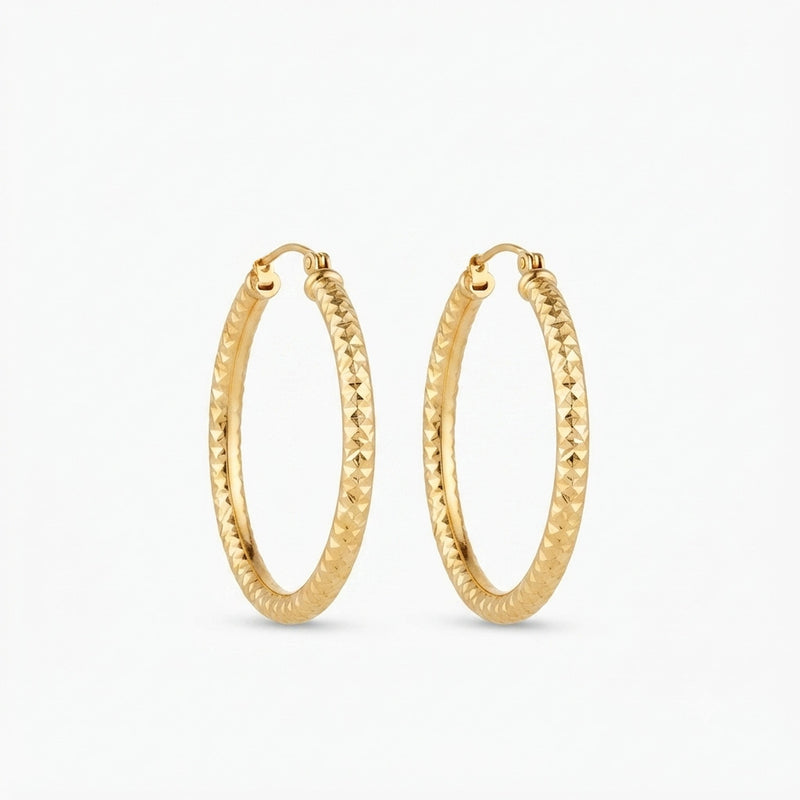9K Yellow Gold Diamond Cut Hoop Earrings