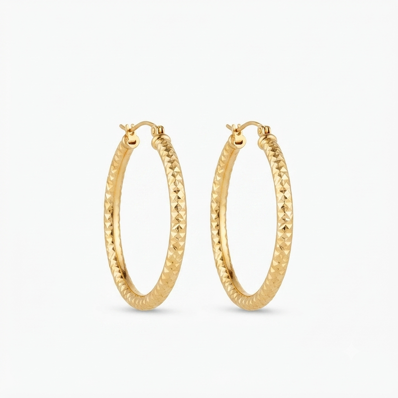 9K Yellow Gold Diamond Cut Hoop Earrings