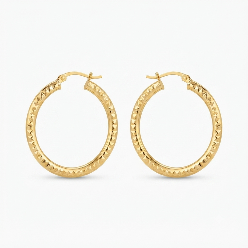 9K Yellow Gold Diamond Cut Hoop Earrings