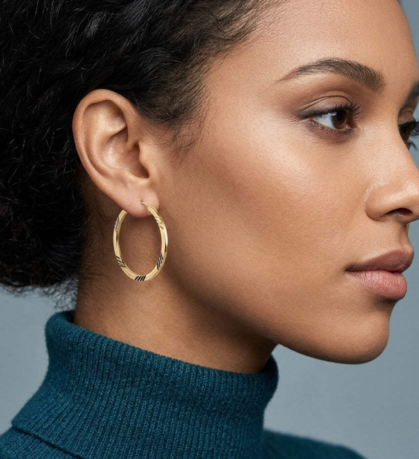 9K Yellow Gold Diamond-Cut Patterned Hoop Earrings