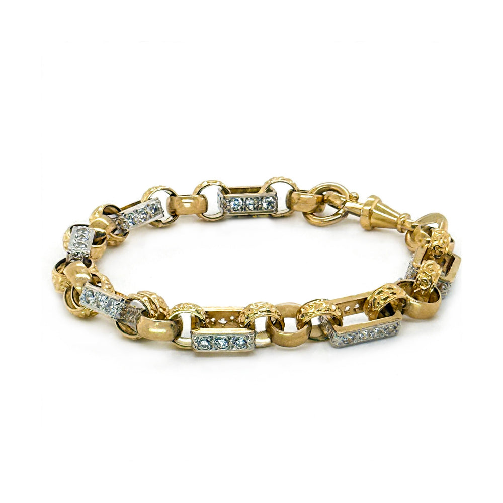 9K Yellow Gold Engraved Gate & CZ Bar Link Bracelet