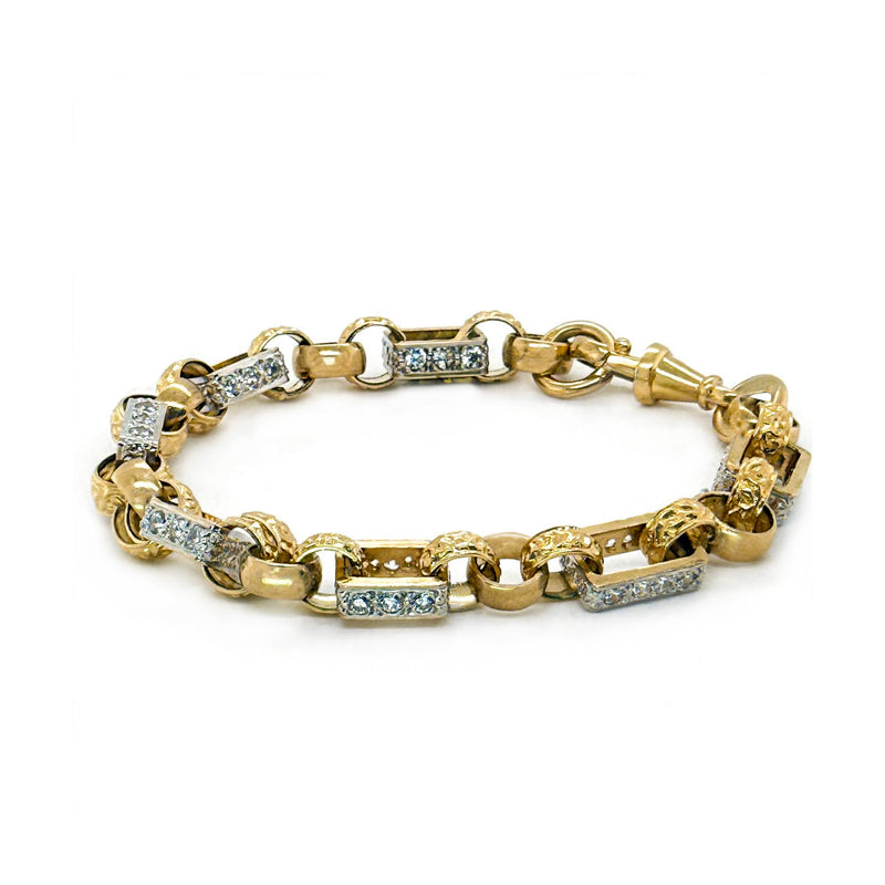 9K Yellow Gold Engraved Gate &amp; CZ Bar Link Bracelet