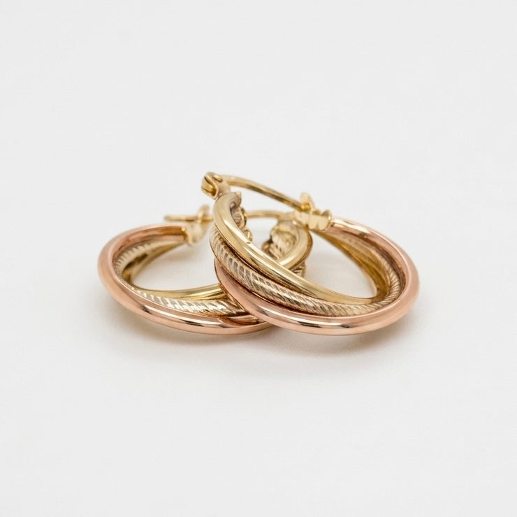9K Yellow Gold Tricolor Interwined Hoop Earrings