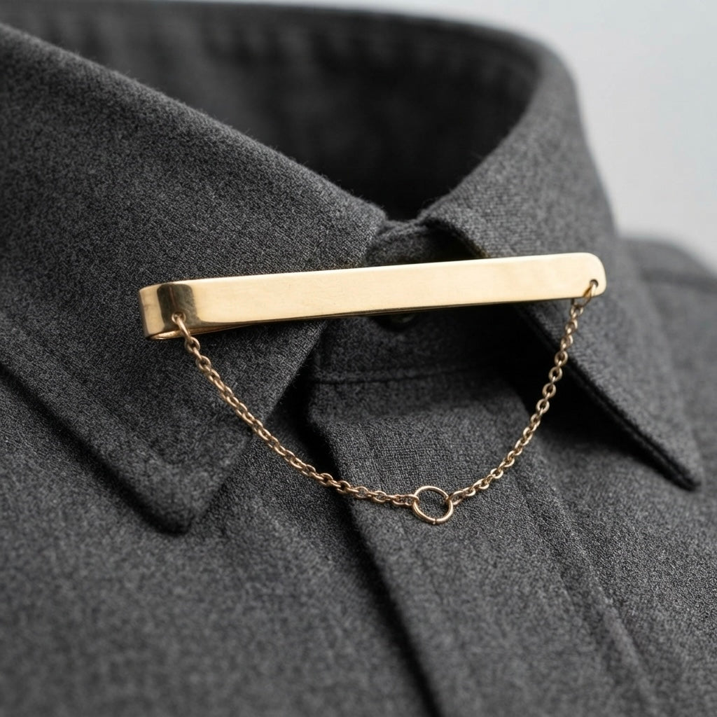 9K Yellow Gold Collar Bar Clip with Safety Chain