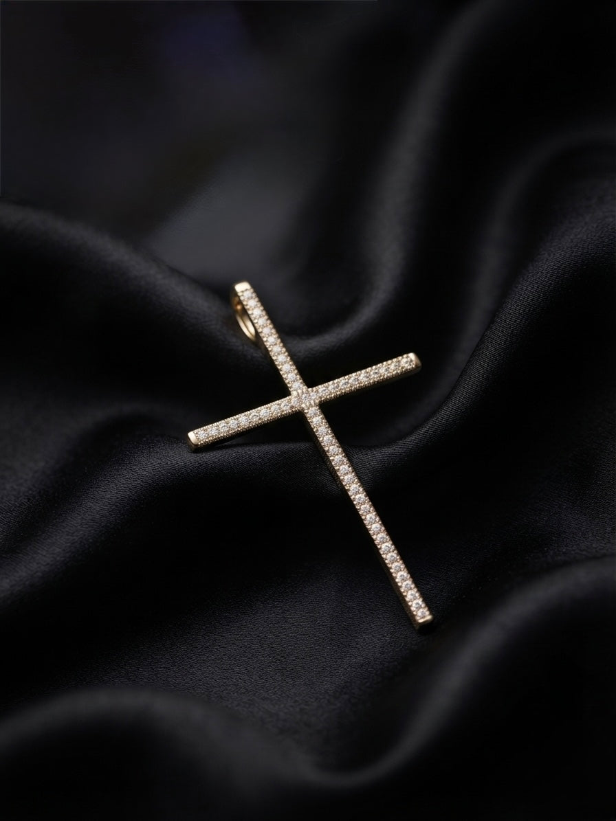 9K Yellow Gold Diamond-Set Slim Cross Pendant