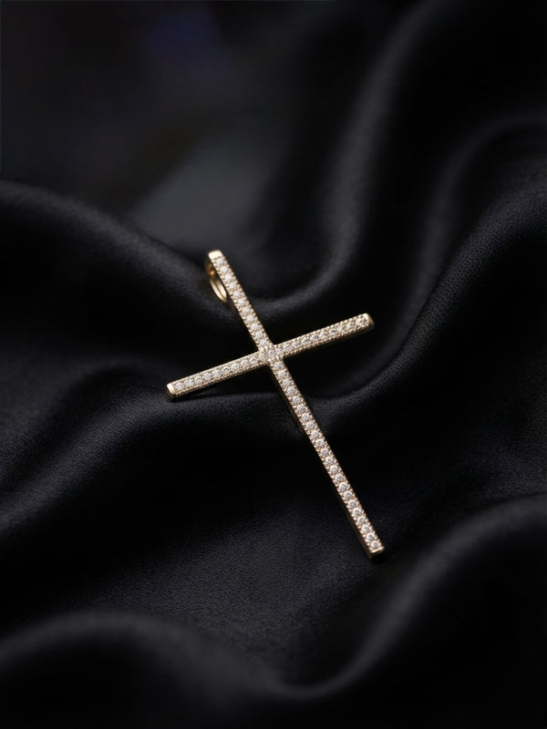 9K Yellow Gold Diamond-Set Slim Cross Pendant