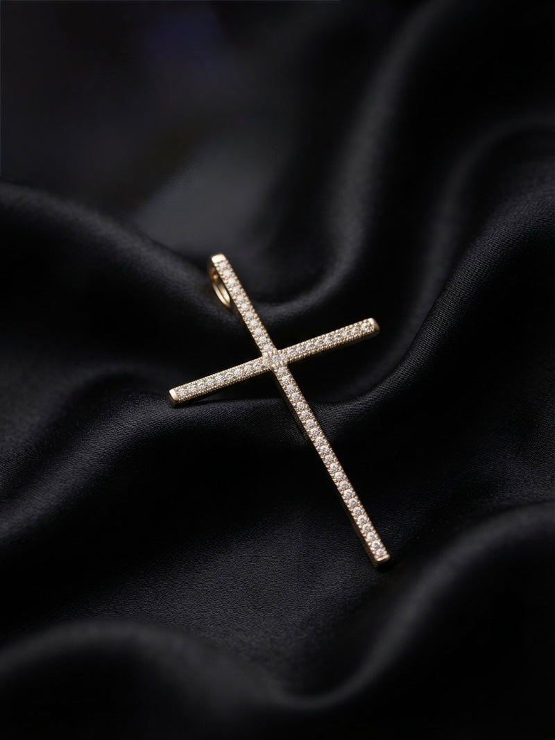 9K Yellow Gold Diamond-Set Slim Cross Pendant