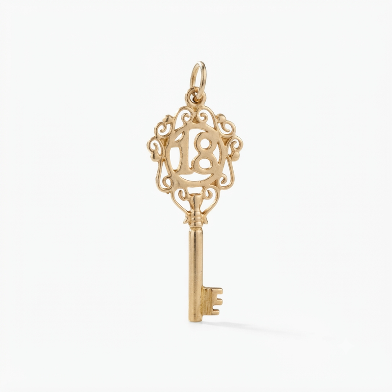 9K Yellow Gold Vintage 18th Birthday Key Pendant Charm