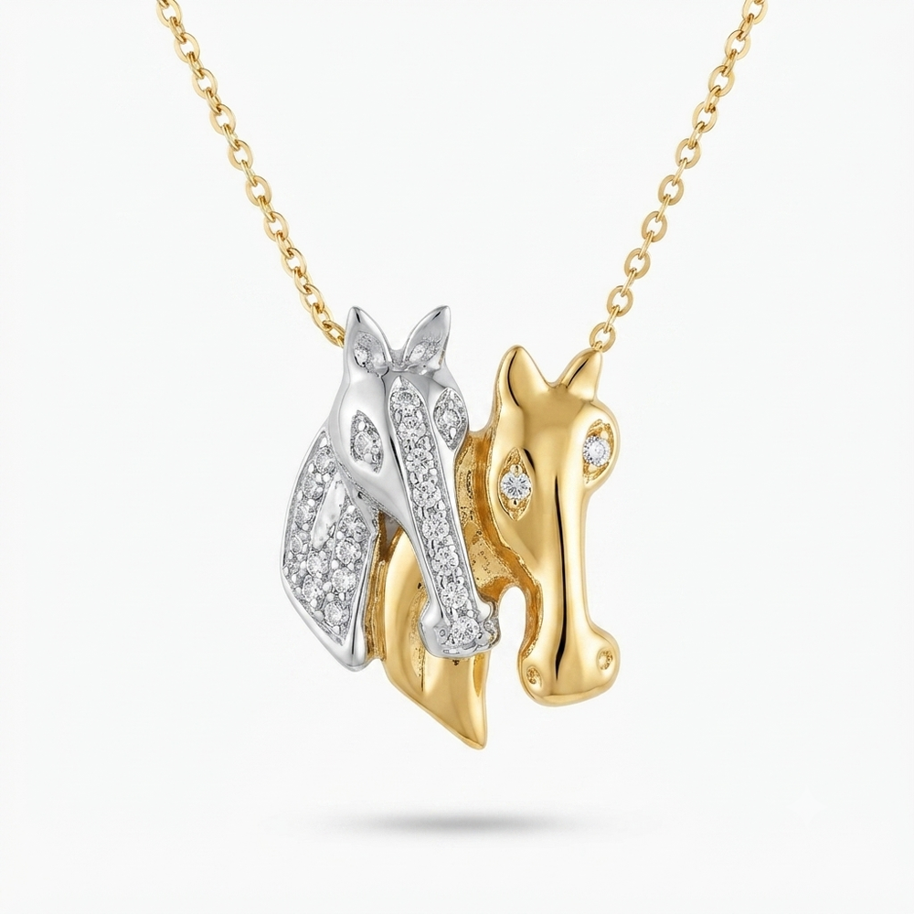 18K 2-Tone Gold Diamond Horses Heads Pendant Necklace