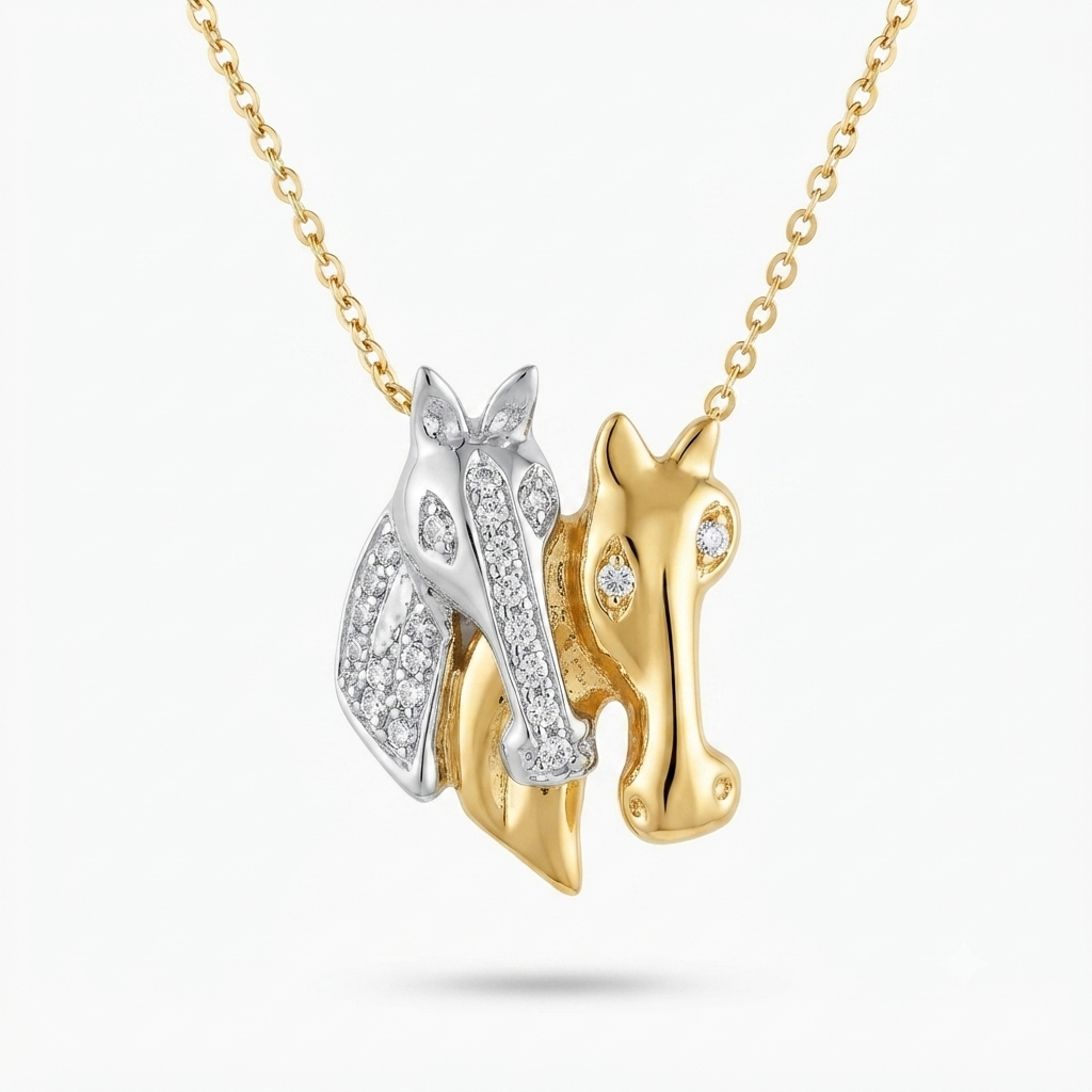 18K 2-Tone Gold Diamond Horses Heads Pendant Necklace