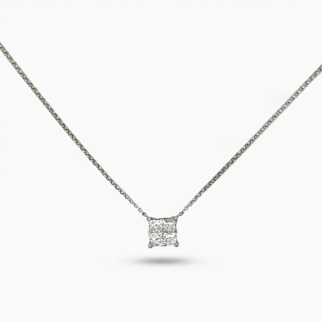 14K White Gold Princess-Cut Cluster Diamond Pendant Necklace