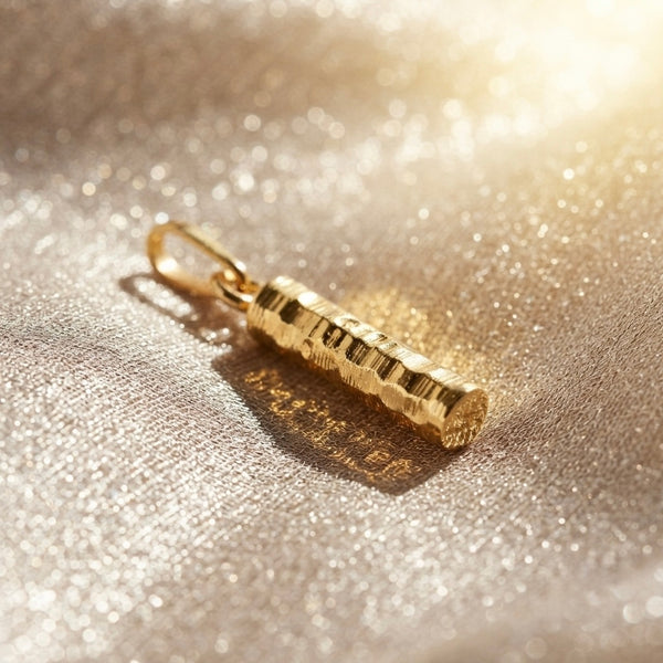 9K Yellow Gold Textured Cylinder Column Pendant Charm