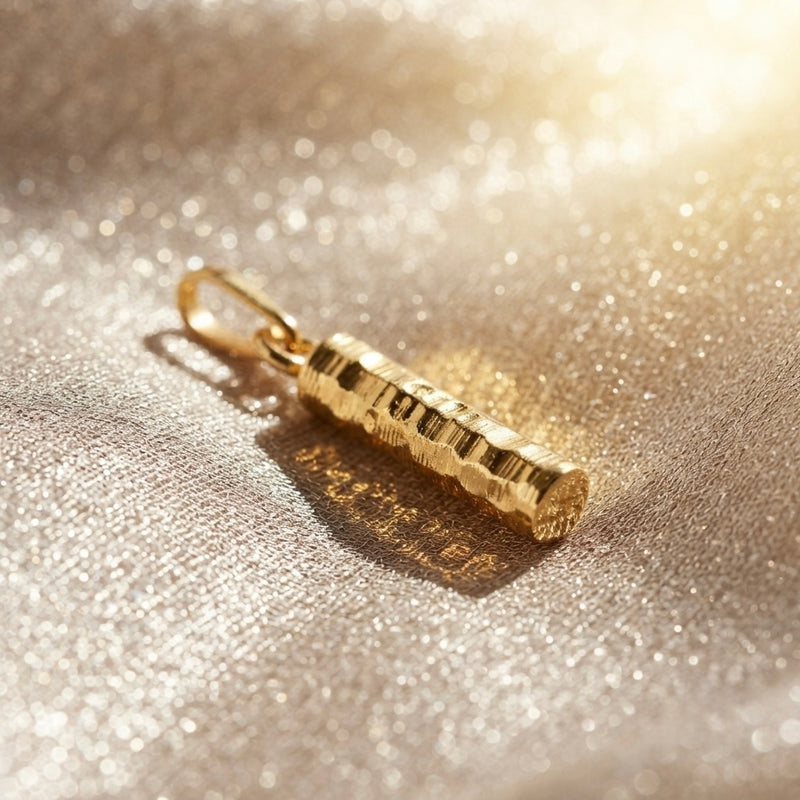 9K Yellow Gold Textured Cylinder Column Pendant Charm