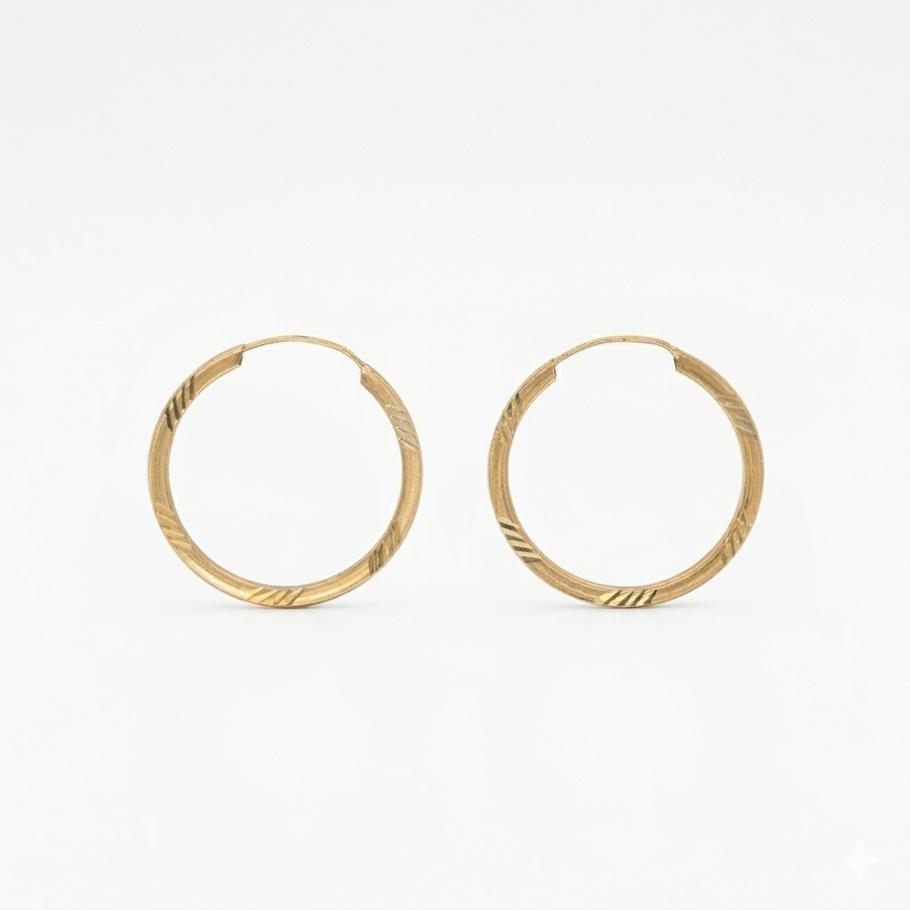 9K Yellow Gold Diamond-Cut Patterned Hoop Earrings