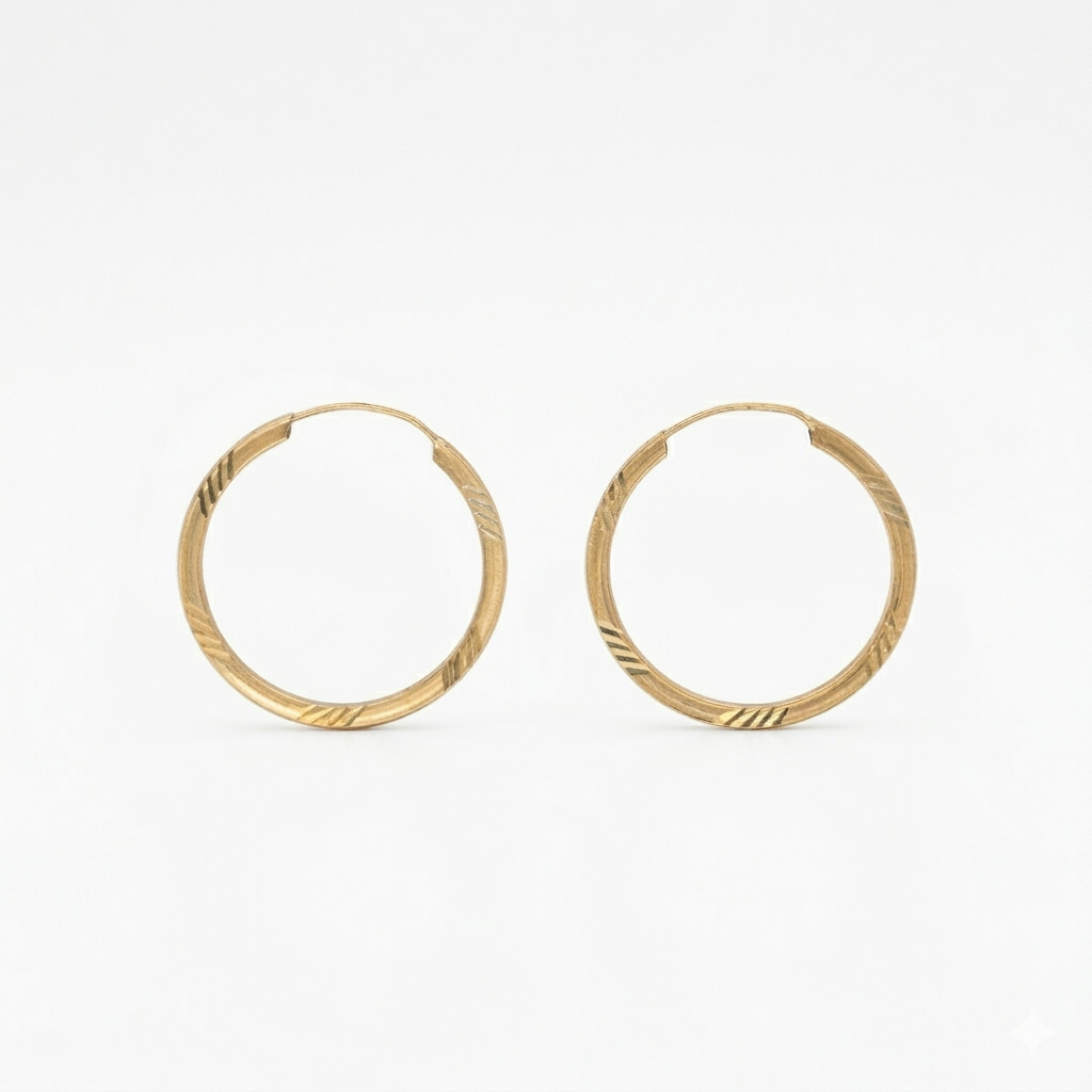 9K Yellow Gold Diamond-Cut Patterned Hoop Earrings