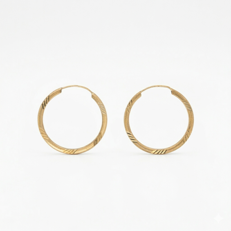 9K Yellow Gold Diamond-Cut Patterned Hoop Earrings