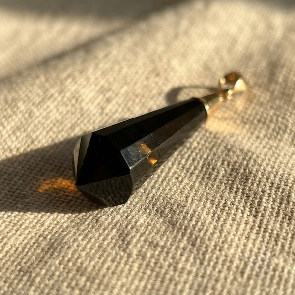 9K Yellow Gold Smokey Quartz Crystal Obelisk Drop Pendant