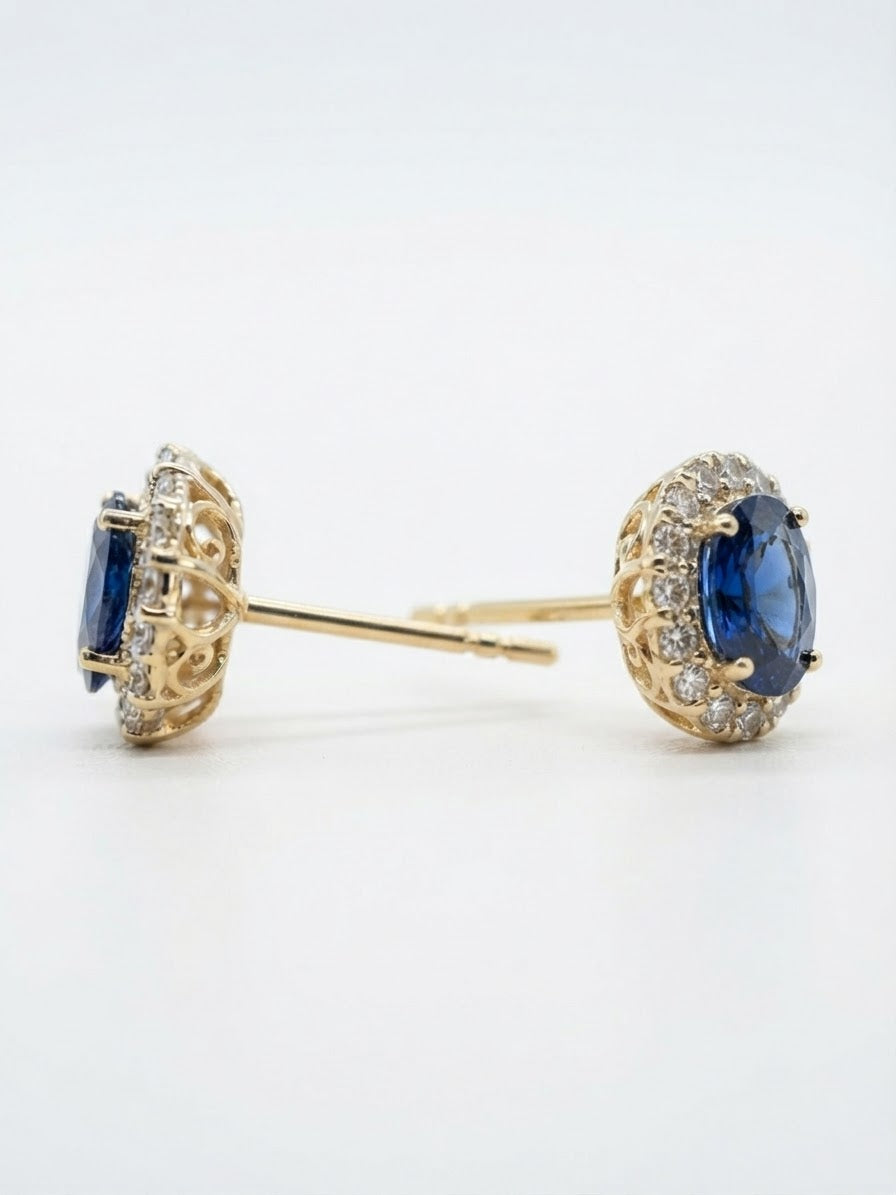 9K Yellow Gold Oval Sapphire & Diamond Halo Stud Earrings