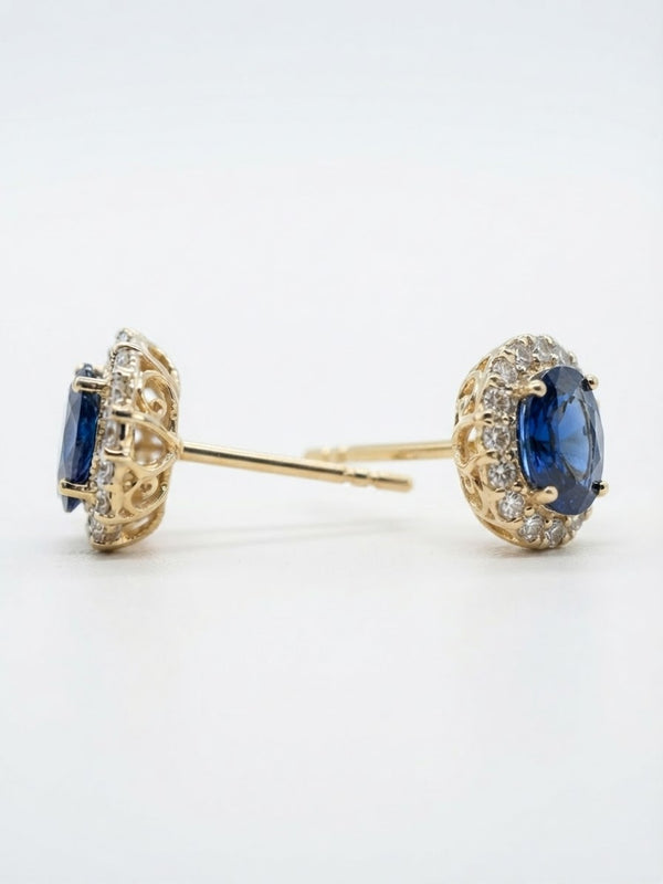 9K Yellow Gold Oval Sapphire & Diamond Halo Stud Earrings