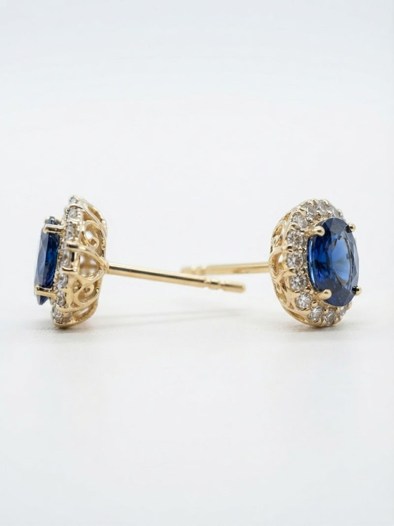 9K Yellow Gold Oval Sapphire &amp; Diamond Halo Stud Earrings