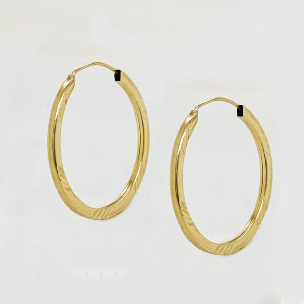 9K Yellow Gold Diamond-Cut Patterned Hoop Earrings