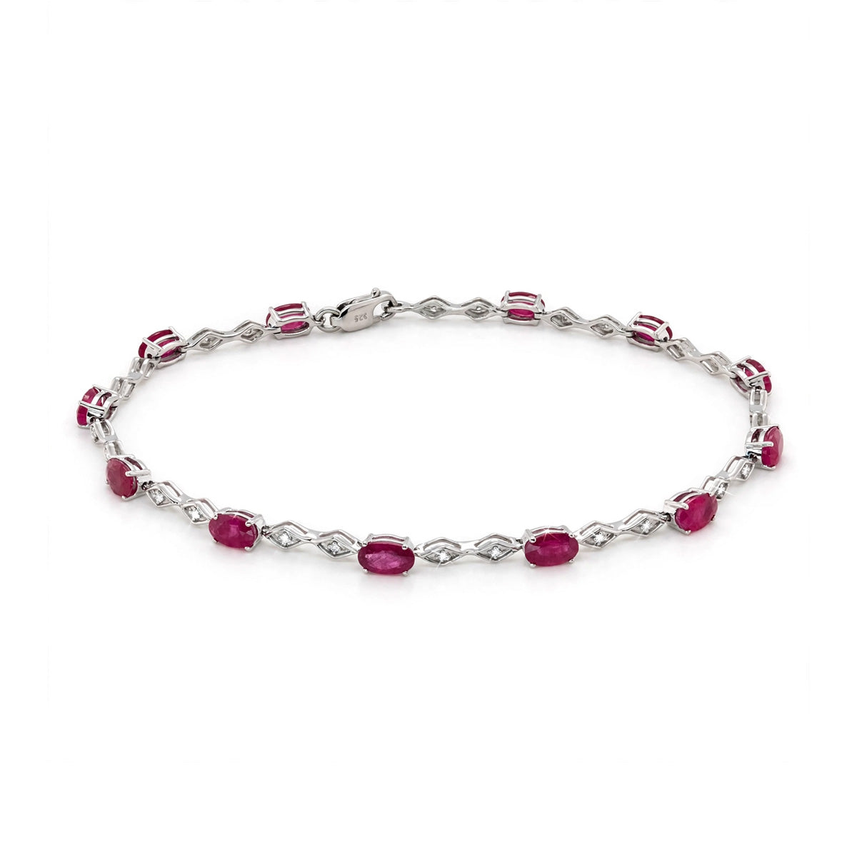 9K White Gold Oval Ruby & Diamond Rhombus Link Bracelet
