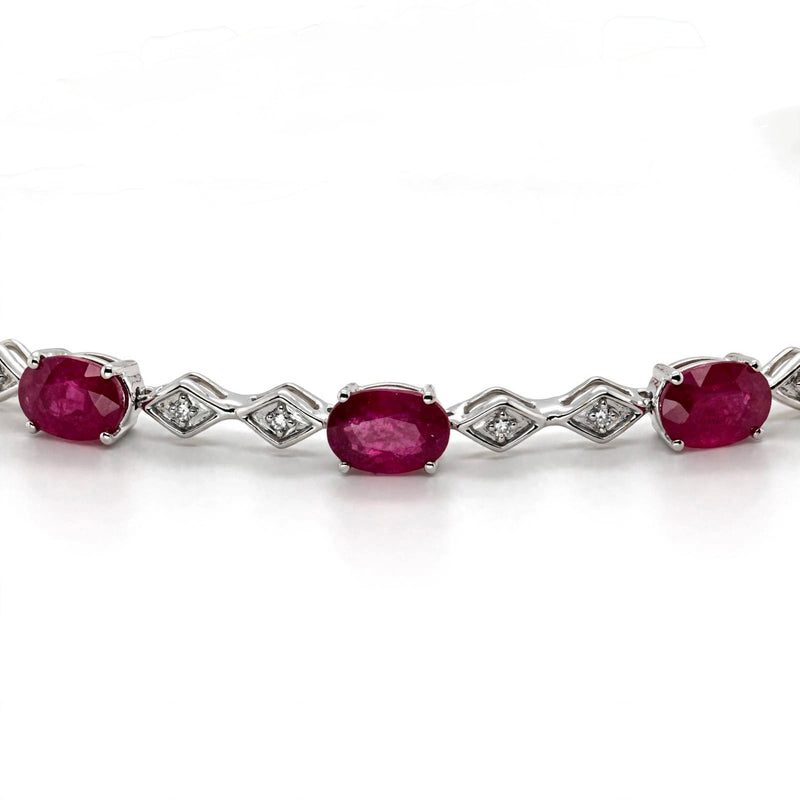 9K White Gold Oval Ruby &amp; Diamond Rhombus Link Bracelet